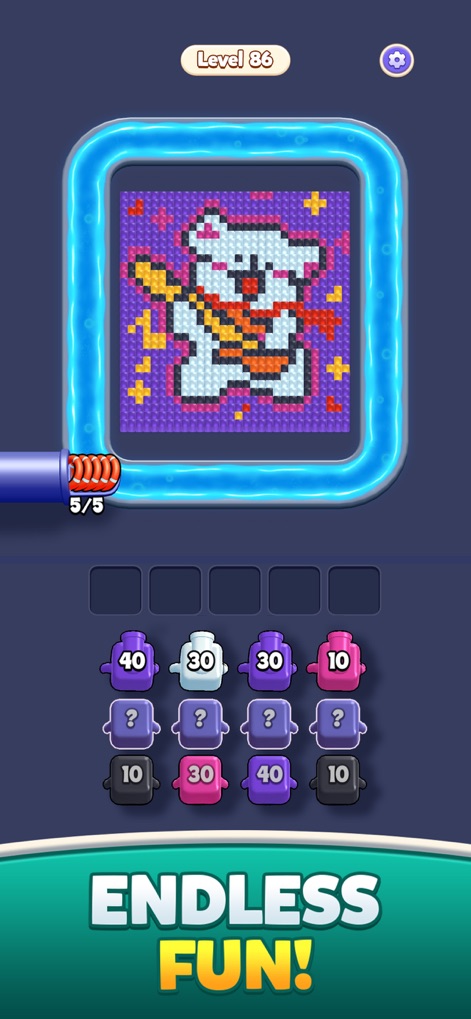 Color Blast Shooter - Witness the game's vibrant visual aesthetic through its diverse pixel art creations and the satisfying display of blocks on the conveyor, indicating available choices for players.