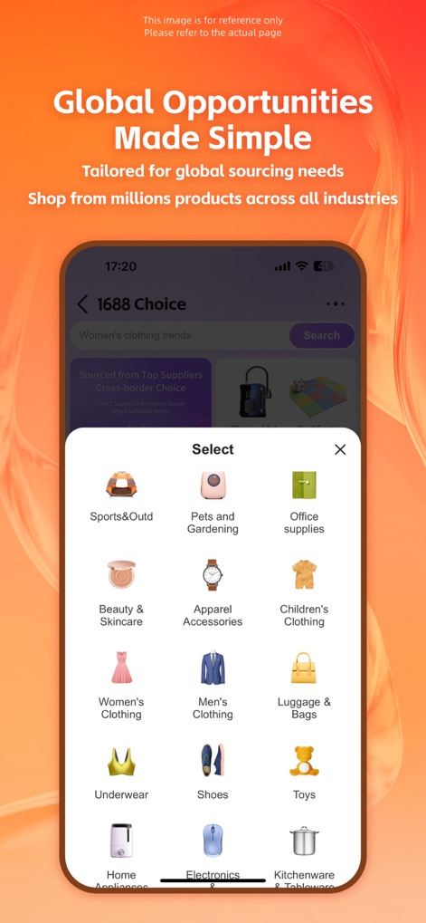 1688- B2B Market - Users can easily navigate a vast product range through the comprehensive 'Select' pop-up menu, displaying diverse categories like 'Sports&Outd' and 'Women's Clothing' for simplified global sourcing.