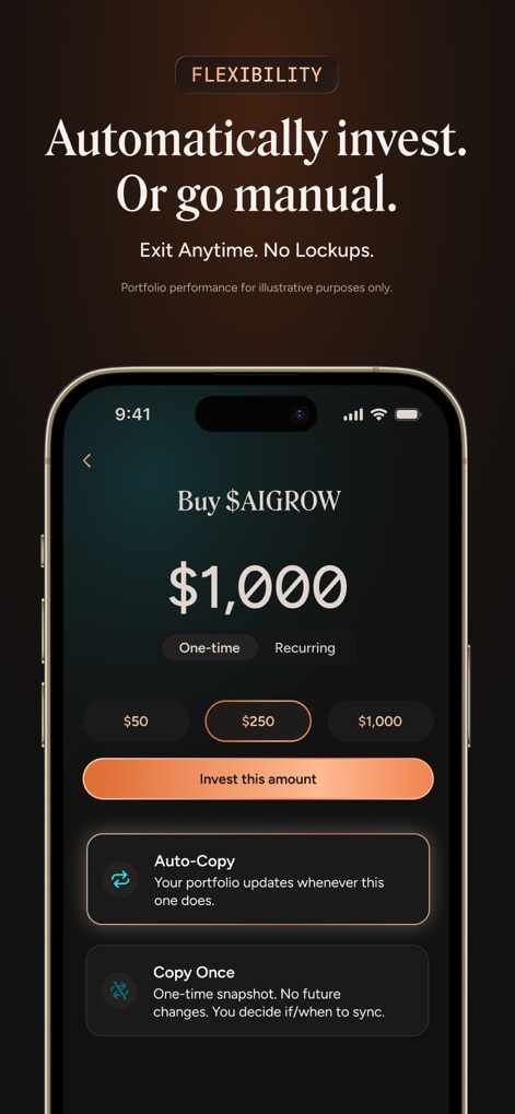 dub: Copy Real Investors - The app offers flexible investment options, allowing users to choose an 'Invest this amount' for a portfolio and select between 'Auto-Copy' for continuous updates or a one-time copy.