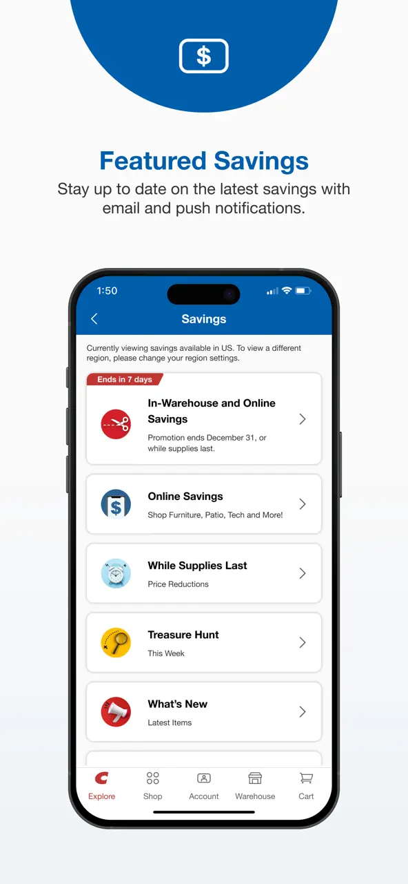 Costco app screenshot showing the featured savings page with various discount categories