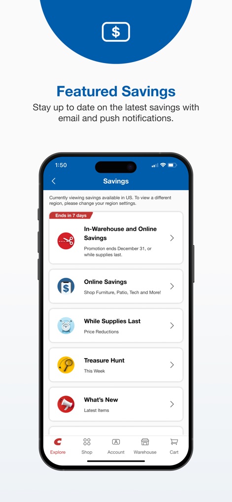 Costco - Discover the latest deals with this app's 'Featured Savings' section, highlighting categories such as 'Online Savings' and 'Treasure Hunt' alongside clear expiration dates.