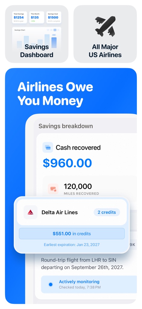 JetBack – Flight Price Savings - 「Airlines Owe You Money（航空会社があなたに負っているお金）」という見出しの下に表示される960ドルの現金回収額と、全体の節約実績を示す「Savings Dashboard（貯蓄ダッシュボード）」が、ユーザーがどれだけ恩恵を受けているかを可視化します。