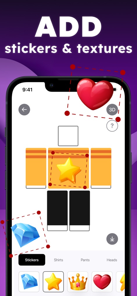 Skins & Avatars Clothes Maker - Users can effortlessly enhance designs with a wide variety of expressive stickers and a dedicated 2D editing canvas.