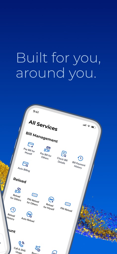 CelcomDigi - ユーザーは「Bill Management」セクションで自身の請求書支払いや他者への支払い、請求履歴の確認などができ、さらに「Reload」セクションから容易にリロードを行うことが可能です。