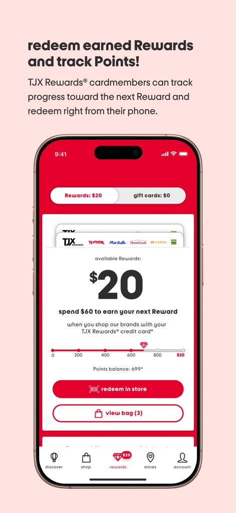 T.J.Maxx - Users can effortlessly monitor their progress toward the next reward with a clear visual progress bar and quickly access the 'redeem in store' feature for instant savings.
