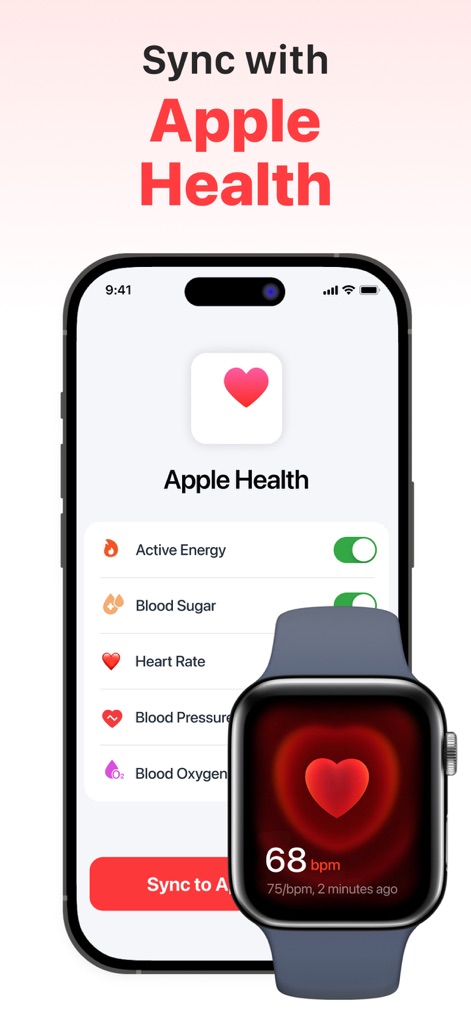 iPulse - Check Heart Rate & BP - The app ensures a connected health experience through seamless data synchronization toggles with Apple Health and direct integration with wearables like the Apple Watch.