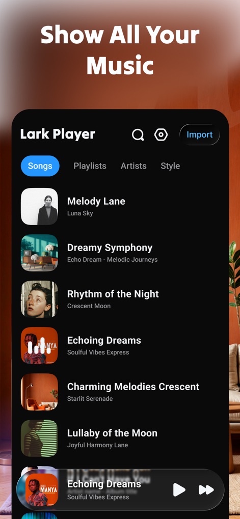 Lark Player: Offline Music - Observe the clear categorization of music by 'Songs' and 'Artists', allowing users to easily browse and manage their collection.