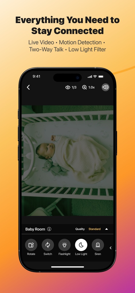 Alfred Camera: Home Security - Users can enhance visibility in dim conditions with the "Low Light" filter and activate the "Siren" for immediate action, directly from the live camera view.