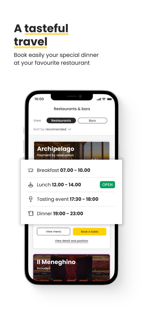 Costa Cruises - Die App ermöglicht die einfache Buchung von Tischen in Spezialitätenrestaurants wie "Archipelago" und zeigt die verfügbaren Essenszeiten von Frühstück bis Abendessen an.
