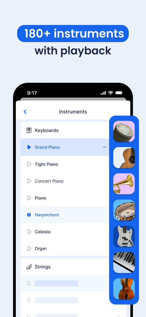 Flat: Music Score & Tab Editor - Explore the app's extensive library of 180+ instruments, from acoustic to orchestral, each offering high-quality playback for comprehensive composition.