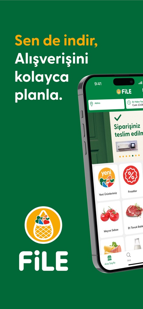 File Market - L'app permette agli utenti di esplorare una vasta gamma di prodotti attraverso chiare categorie, evidenziando le sezioni "Yeni Ürünlerimiz" (Nuovi Prodotti) e "Fırsatlar" (Offerte) per un'esperienza d'acquisto dinamica.