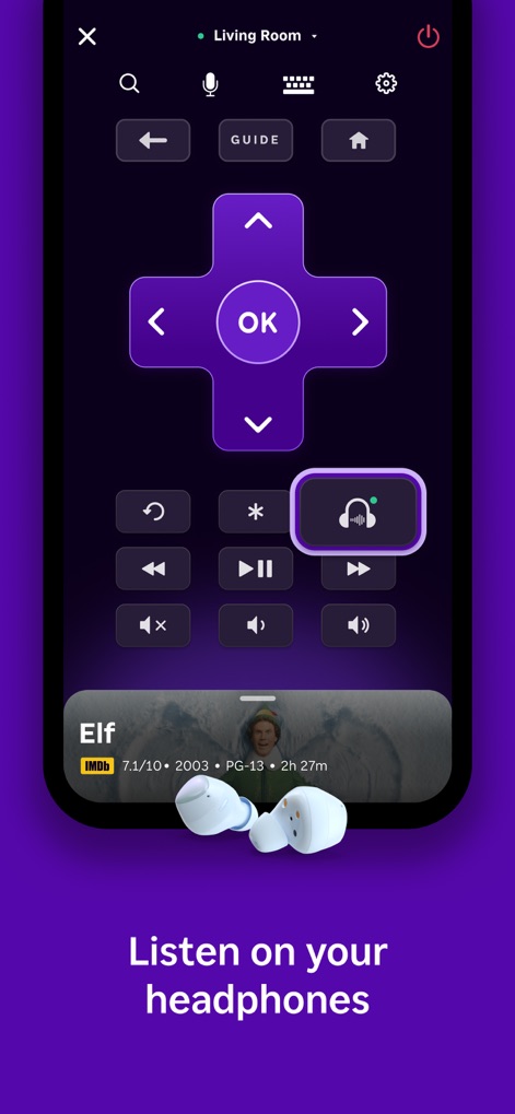 The Roku App (Official) - Permite la escucha personal de contenido de Roku mediante auriculares, activado por un botón específico en el control y representado por auriculares inalámbricos.