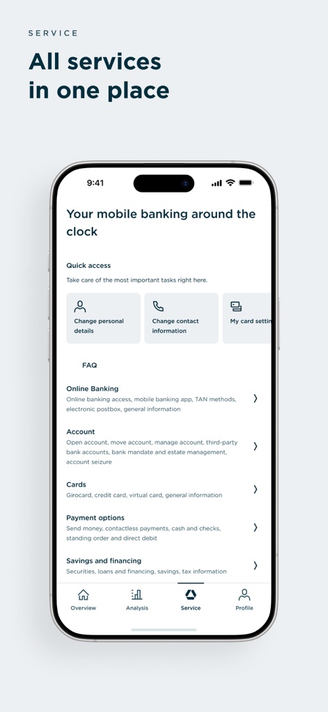 Commerzbank Banking - Die App bündelt wichtige Funktionen wie das Ändern von „personal details“ und das Verwalten von „card settings“ sowie detaillierte FAQs zu „Online Banking“ und „Account“-Themen.