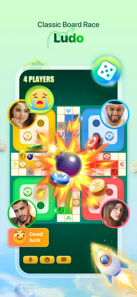 Yalla - Play Game & Voice Chat - Immerse in the classic Ludo gameplay, featuring a vibrant game board and visible player interactions like chat bubbles and dice rolls.