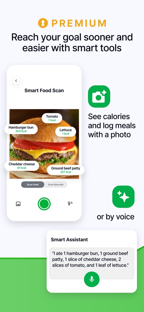 Calorie Counter by fatsecret - Las funciones Premium incluyen el 'Smart Food Scan' para reconocer alimentos y sus calorías en fotos, y el 'Smart Assistant' para registrar comidas mediante comandos de voz.