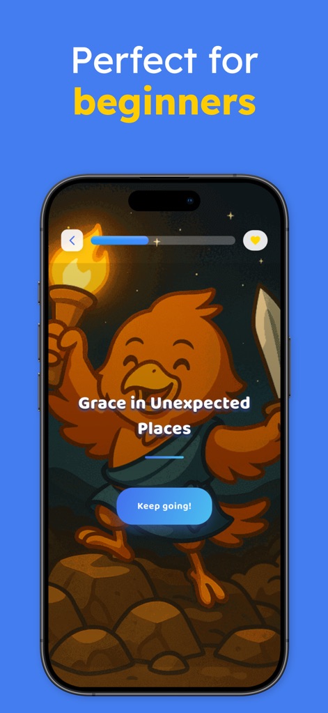 Ascend: Bible Game - Cet outil rend l'apprentissage accessible aux débutants grâce à des leçons interactives illustrées par le guide phénix et une barre de progression engageante.
