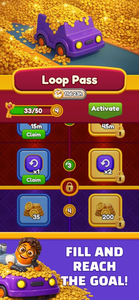 Loop Sort - The "Loop Pass" feature presents a rewarding progression system, offering exclusive bonuses and valuable gold coins for consistent play.