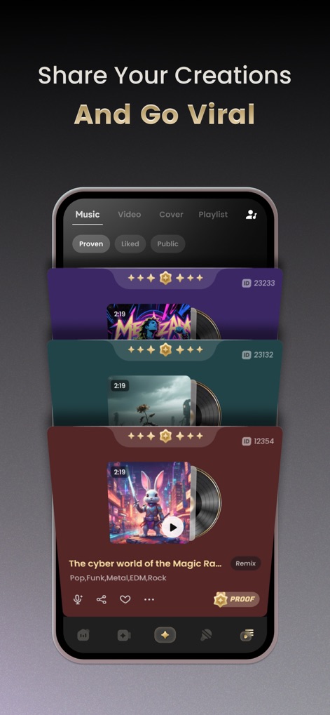 Music AI - MV Video Generator - The app provides intuitive sharing options for creations, visible alongside "PROOF" badges, allowing users to easily distribute their music across platforms.