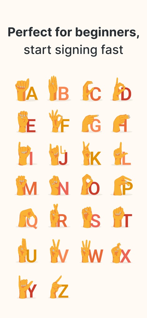 Lingvano - Learn Sign Language - Users can quickly grasp the fundamentals with a clear, visual grid displaying each letter of the ASL alphabet for foundational learning.