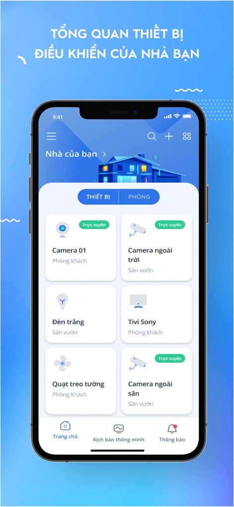 ONE Home - Users can effortlessly navigate between "THIẾT BỊ" and "PHÒNG" tabs to organize their smart home, with each device card displaying its online status and icon for quick identification.
