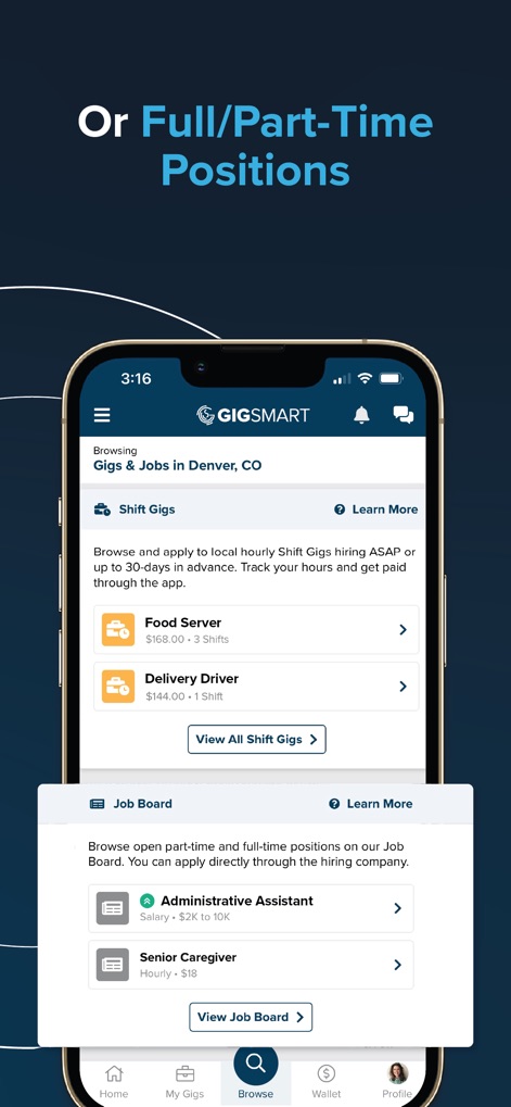 GigSmart Get Gigs - Oltre ai turni flessibili, gli utenti possono esplorare la "Job Board" dell'app per posizioni a tempo pieno o parziale, con esempi come "Administrative Assistant" con un salario indicato e "Senior Caregiver".
