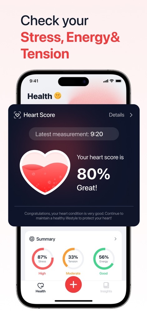 iHeart-Pulse Rate Monitor App. - The app presents a comprehensive heart score and visualizes key metrics like stress and energy levels with intuitive gauges.