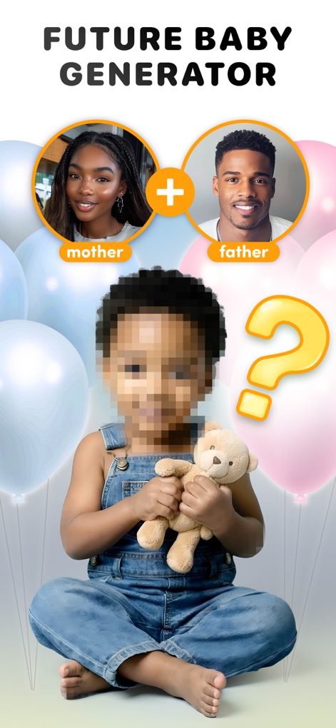 Cosplay: Future Baby Generator - Discover the core functionality of the app, where users can input parent photos and visualize their AI-generated future baby's appearance.