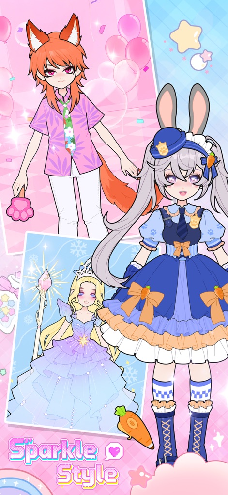 Sparkle Style: Fashion Design - Discover the diverse character designs available in the app, showcasing everything from fantasy creatures to stylish avatars, and glimpse the vibrant "Sparkle Style" logo.