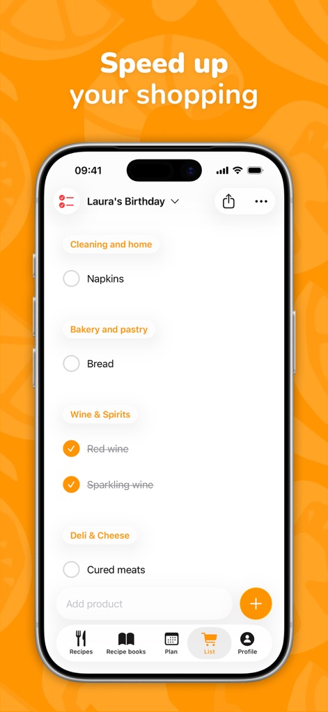 CookNest・Save Your Recipes - Users can generate organized shopping lists where ingredients are automatically grouped by categories like 'Bakery and pastry' and 'Wine & Spirits' for efficient grocery trips.
