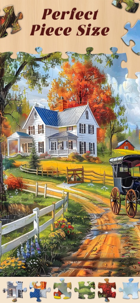 Jigsaw Master - Jigsaw Puzzles - This app allows users to select custom piece sizes, evident in the 'Perfect Piece Size' display and varied individual puzzle pieces shown at the screen's edges.