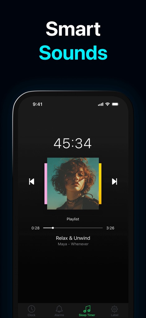Alarm Clock HD - Los usuarios pueden explorar una interfaz de reproductor de música con opciones de lista de reproducción y la pestaña 'Sleep Timer' claramente seleccionada en la barra de navegación.