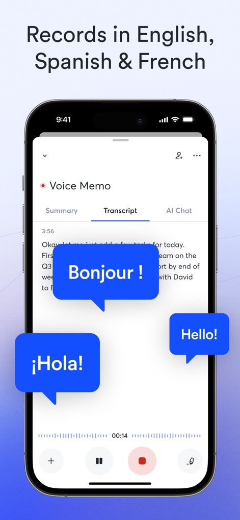 Otter Transcribe Voice Notes - La captura demuestra la capacidad multilingüe de la aplicación, con globos de diálogo que muestran "Bonjour!" y "¡Hola!", indicando que la herramienta soporta la transcripción en varios idiomas.