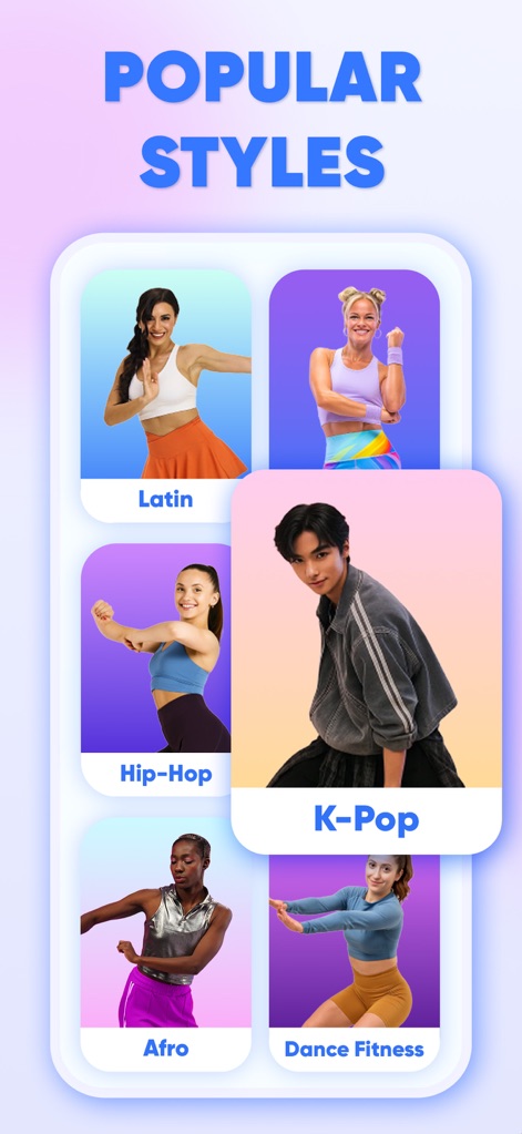 Dancebit: Home Dance Workouts - La plataforma destaca su amplia variedad de estilos populares, mostrando en la interfaz opciones como Latin, Hip-Hop y K-Pop, cada uno con imágenes dinámicas de bailarines que invitan a la acción.