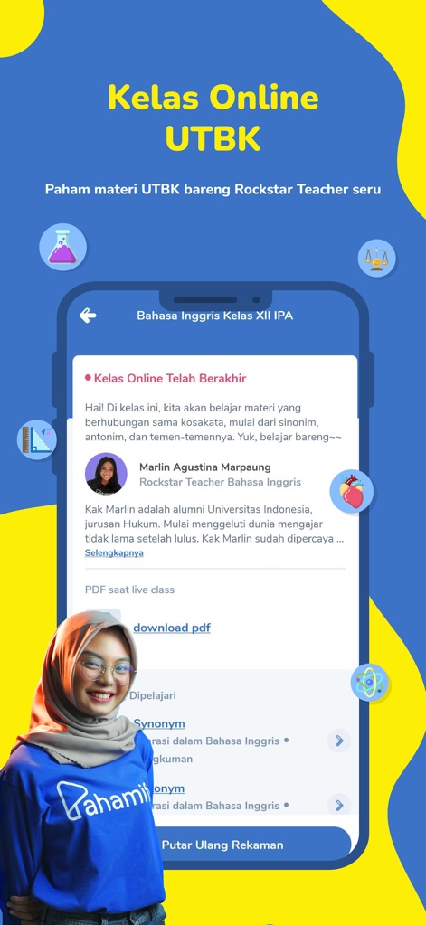 Pahamify: Bimbel UTBK SNBT TKA - This screenshot highlights the engaging UTBK online classes, featuring expert "Rockstar Teachers" and providing users with convenient access to class recordings and downloadable PDF materials.