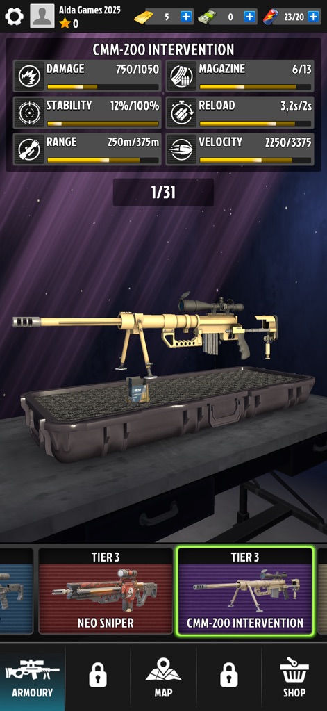 Sniper Agent: Offline Shooter - This screen displays the impressive armory, allowing users to customize weapons and review comprehensive performance statistics like Damage and Reload.