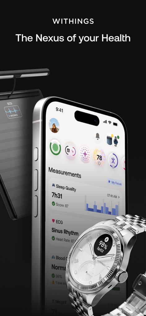 Withings - 睡眠の質や心電図（ECG）など、ユーザーの主要な健康データが一覧表示され、Withings製デバイスとの連携機能も示されています。