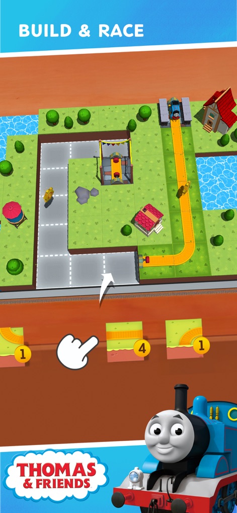 Budge World: Learning & Fun - This screenshot demonstrates a railway construction game where users can build tracks using different pieces and watch Thomas the Tank Engine navigate the customized route.
