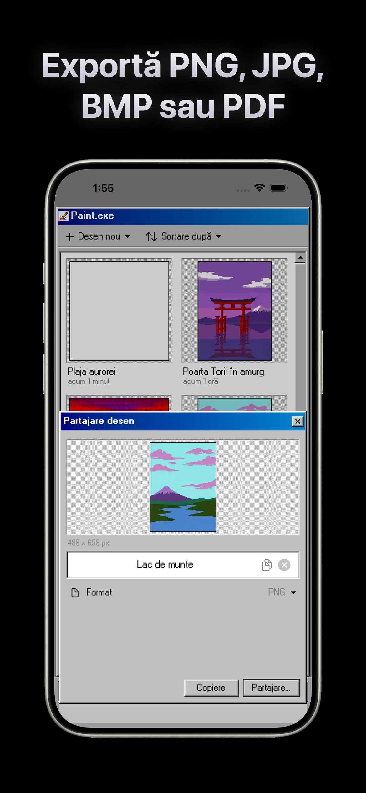 Exporta ca PNG, JPG, BMP sau PDF