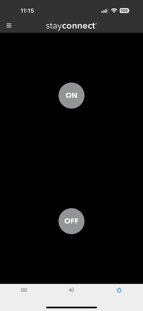 stayconnect® remote - The app provides convenient power management through prominent 'ON' and 'OFF' buttons, mirrored by the power icon in the bottom navigation.