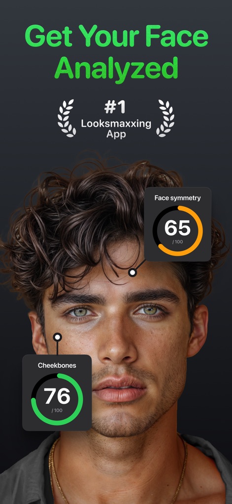 Maxxing: LooksMaxxing Glow Up - Users can instantly receive detailed facial analysis scores for specific features like face symmetry and cheekbones, guiding their glow-up journey.
