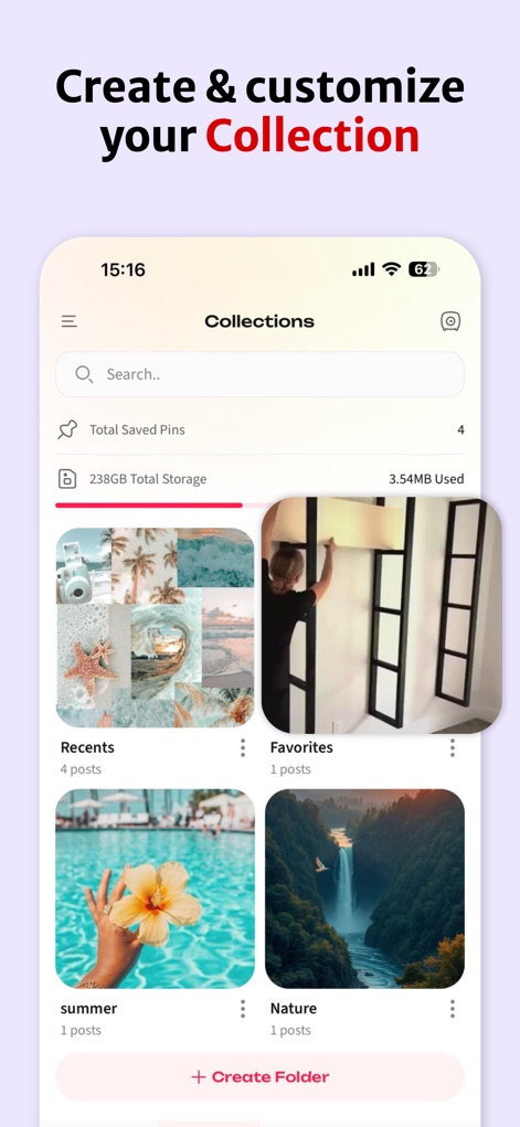 PinSaver :  Video Saver - Users can effortlessly manage their saved content through dedicated custom collections like 'Recents' and 'Favorites', and further customize organization with the 'Create Folder' option.