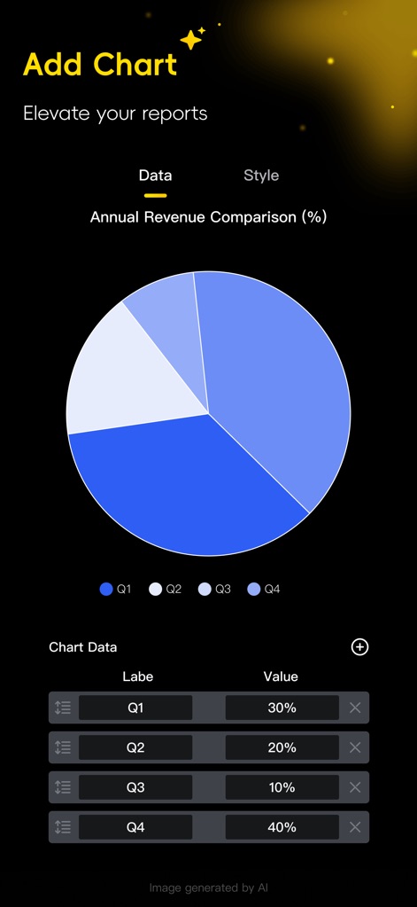 Rabbix - Understand how the 'Add Chart' feature facilitates dynamic data visualization through customizable pie charts, with an editable 'Chart Data' table for precise control.