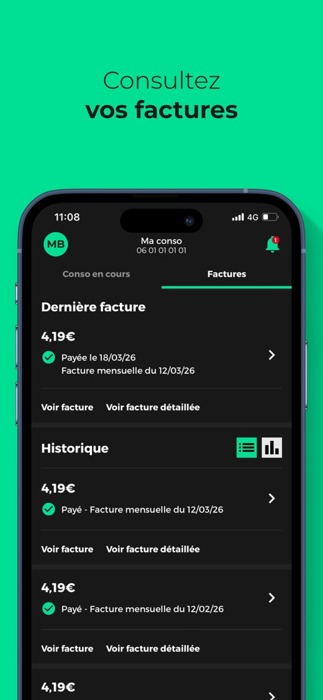 RED & Moi - Users can review a chronological archive of all past invoices and choose to view detailed breakdowns for each bill.
