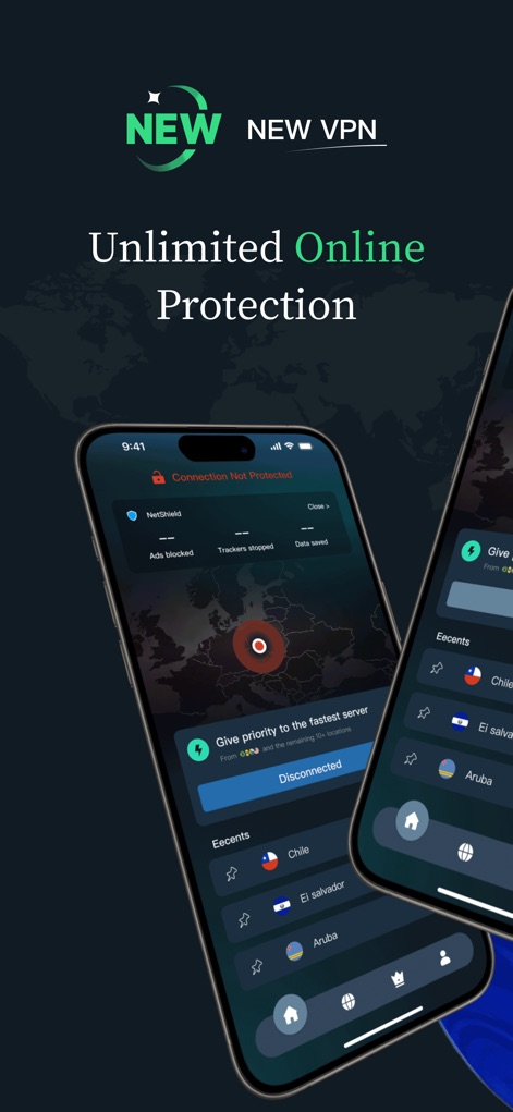 VPN - New VPN Planet Buck - 이 스크린샷은 앱의 무제한 온라인 보호 기능을 강조하며, 연결되지 않은 상태를 명확히 보여주어 사용자가 언제든 보안 상태를 확인할 수 있게 하고, 다양한 서버 위치에 대한 접근성을 암시합니다.