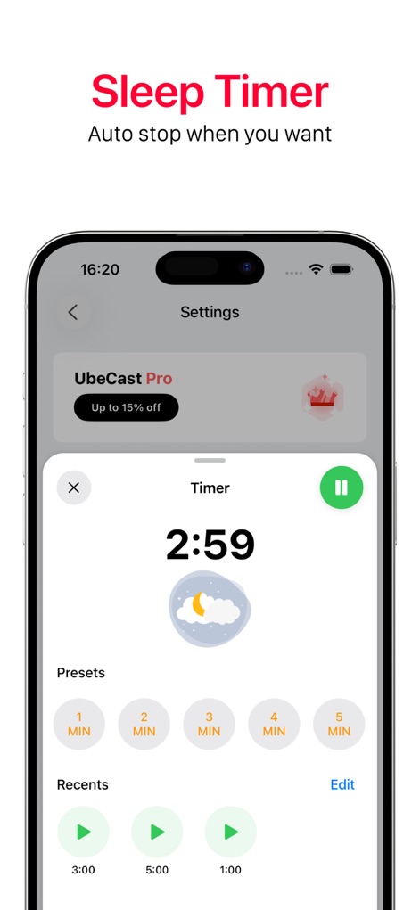 UbeCast - O temporizador de sono integrado permite que os usuários programem o desligamento automático, com a contagem regressiva visível e opções de predefinições de tempo para fácil configuração.