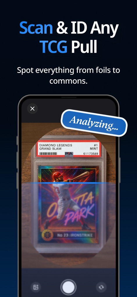 Cardly AI: Sports Card Scanner - La aplicación facilita el escaneo e identificación de cualquier carta TCG, revelando una interfaz de 'Analizando...' y la capacidad de discernir entre láminas y cartas comunes.