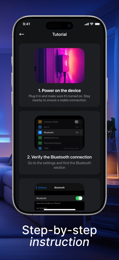 LED light controller LED lamp - La aplicación proporciona una guía tutorial paso a paso, mostrando cómo encender el dispositivo y verificar la conexión Bluetooth, asegurando una configuración fácil para el usuario.