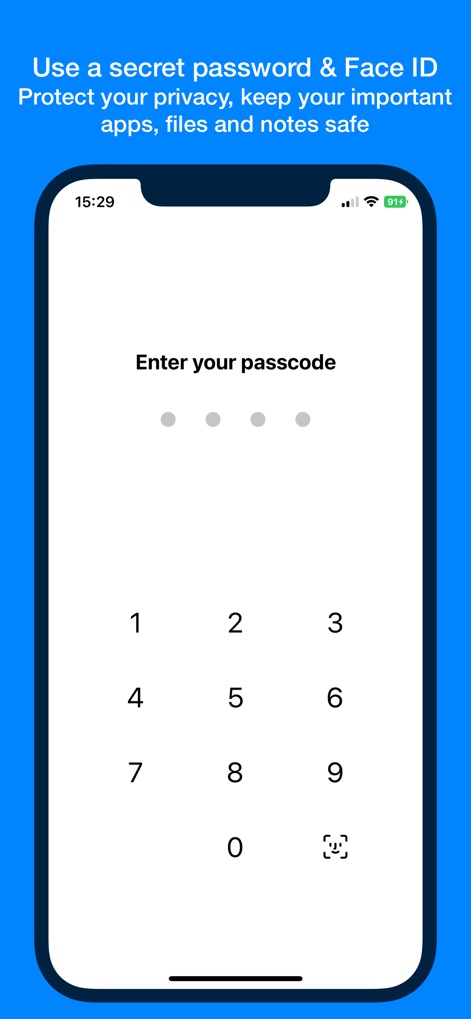 AppLocker • Passcode lock apps - Questa schermata illustra il metodo di sblocco sicuro, presentando la tastiera numerica per il passcode e l'icona di Face ID.