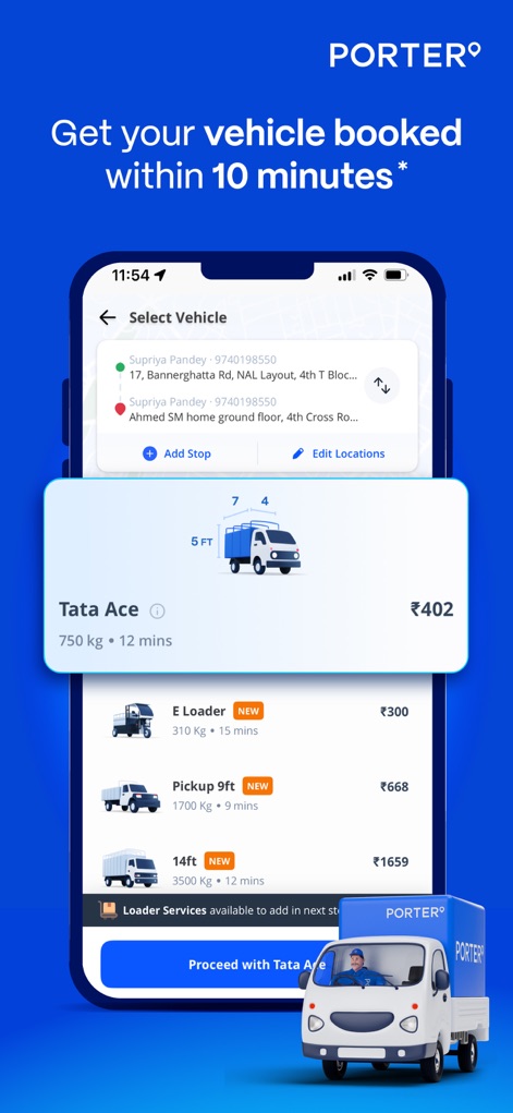 Porter - Logistics Service App - Esta visão detalhada permite a seleção do veículo, exibindo claramente o 'Tata Ace' com sua capacidade de '750 kg' e o preço estimado para a viagem.