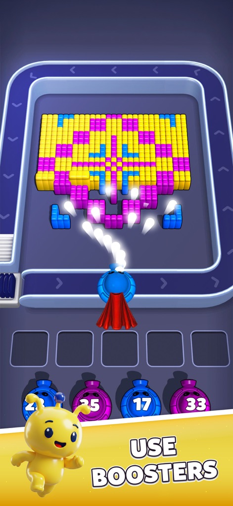 Voxel Blast Jam - The game showcases dynamic voxel alien targets, demonstrating how the powerful 'Super Ball' booster can clear blocks efficiently.